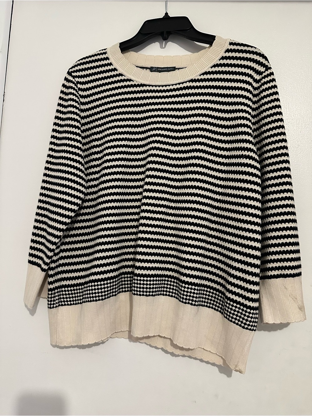 Adrianna Papell Black and Cream Striped Scallop-Hem Crewneck Sweater - Picture 5 of 6